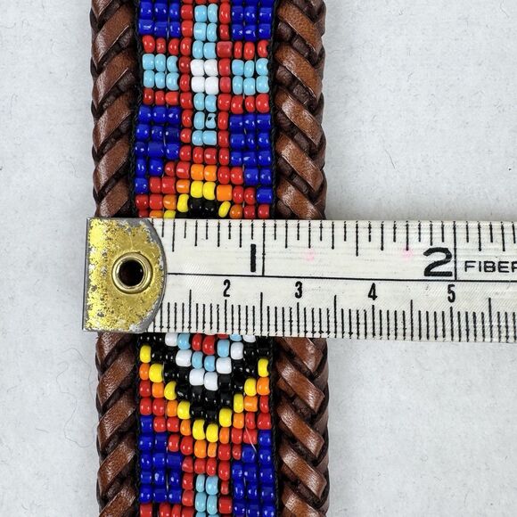Vintage 90\'s Women Beaded Western Leather Belt Sz 32 Aztec Native American Rodeo